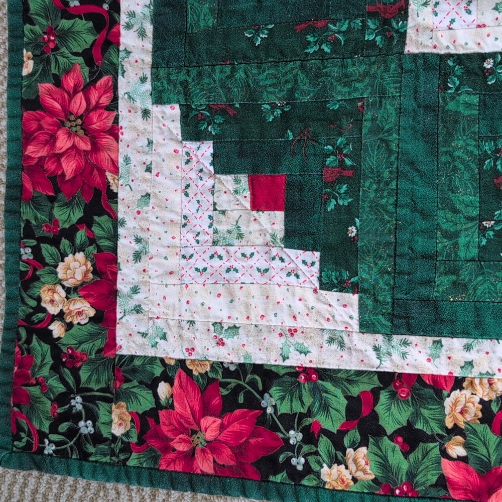 Handmade Festive Green and Red Christmas Holiday Quilted Table Topper Runner - Picture 3 of 6